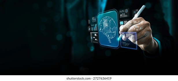 Artificial intelligence brain interface concept with digital hologram of AI neural network, futuristic data visualization representing deep learning, innovation technology, machine intelligence system