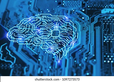 Artificial intelligence brain on blue integrated circuit background. AI, machine learning and neural network concept. - Shutterstock ID 1097273573
