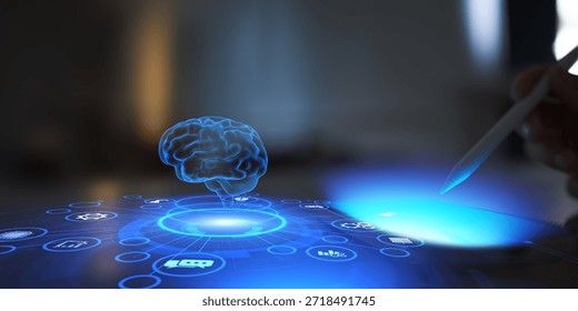 Artificial Intelligence Brain Visualization Emerging from Digital Tablet Interface.