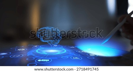 Artificial Intelligence Brain Visualization Emerging from Digital Tablet Interface.