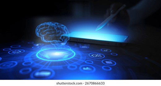 Artificial Intelligence Brain Visualization on Digital Touchscreen.