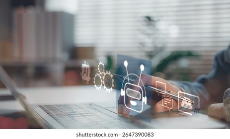 Artificial intelligence for business automation and communication. A person interacts with AI chatbot icons and virtual assistant systems through a digital laptop interface in a modern workspace. - Powered by Shutterstock - Get 15% off with code: PIKWIZARD15