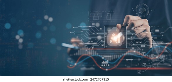 Artificial intelligence in business and education. Features a digital brain, data charts, and graphs, highlighting machine learning, robots, and network technology. Emphasizes AI analysis.