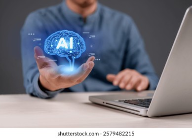 Artificial intelligence business. A professional using AI technology for big data analysis, automation, and innovation in a digital workspace. solutions, machine learning, and digital transformation