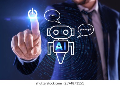 Artificial intelligence. Businessman using virtual screen with robot image and AI abbreviation against blue background, closeup