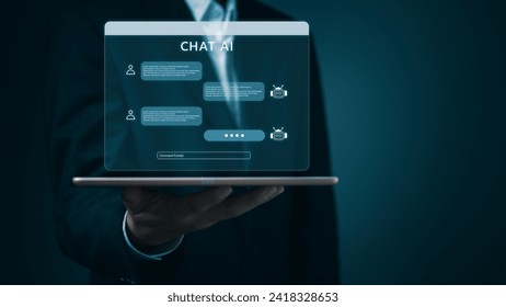 artificial intelligence chat AI robots research content write reports and scripts public relations, Command prompt, conversation assistant, automatic answering machine technology communication.