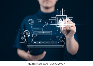 Artificial intelligence and chat AI technology concept. A hand interacting with a virtual AI interface featuring icons related to machine learning, chatbot, chatgpt and global technology advancements. - Powered by Shutterstock - Get 15% off with code: PIKWIZARD15