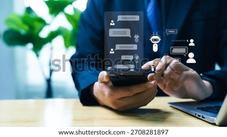 Artificial intelligence chatbot assistant on smartphone interacting with client, representing AI communication agent, virtual customer service, and smart technology innovation in digital business.