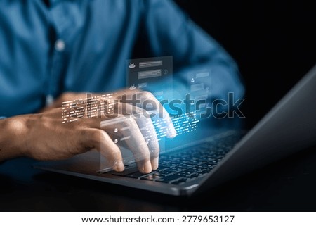 Artificial intelligence chatbot communication and customer service. Man typing on laptop keys interacting with generative AI bot for digital assistance and message conversation.