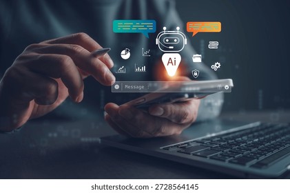 Artificial intelligence chatbot concept with smart assistant messaging interface on smartphone. AI communication, automated customer support, data analysis, digital assistant technology, solutions.