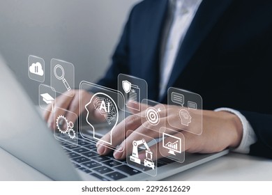 Artificial Intelligence and chatbot concept.Person hand using laptop chat with ai intelligen in cyberspace for learning education, cloud computing, environmental, data protection, search, robot.