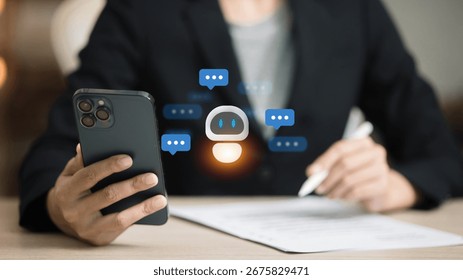 Artificial intelligence chatbot on mobile phone with speech bubbles, representing digital assistant, customer service automation, online communication and future business technology solutions. - Powered by Shutterstock - Get 15% off with code: PIKWIZARD15