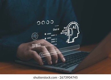 Artificial intelligence chatbot and virtual assistant concept with AI technology icons, symbolizing machine learning, natural language processing, automation, and future digital communication.