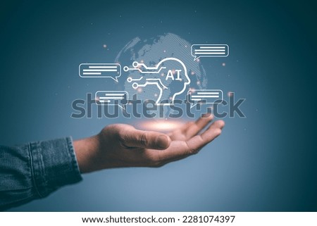 Artificial Intelligence Chatting. Man using cloud technology smart robot AI by enter command prompt for generates result, Futuristic technology transformation. Chat with AI. World disruptive trends.