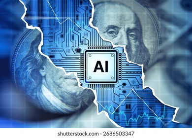 Artificial intelligence chip with electronic circuits and US dollar background, concept of AI economy, finance technology, digital innovation. Activity: Finance, Technology.