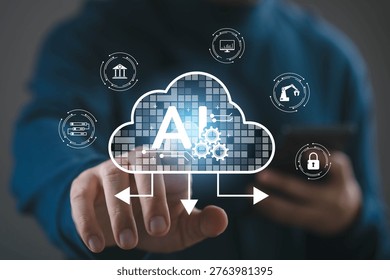 Artificial intelligence cloud computing concept with digital AI system and smart automation technology. Data analytics, cybersecurity, fintech, industry automation and cloud infrastructure innovation.