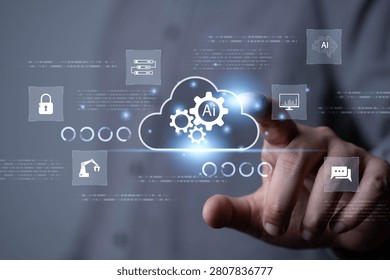 Artificial intelligence cloud computing concept with businessman using digital AI interface, automation technology, data analytics, cybersecurity, machine learning and smart business innovation system