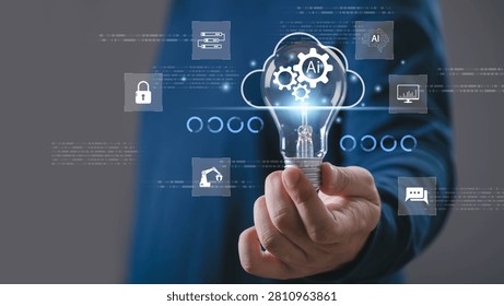 Artificial intelligence and cloud computing concept with glowing light bulb and digital AI interface, representing smart technology, automation, data analytics, machine learning, and innovation.