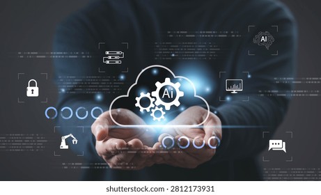 Artificial intelligence cloud computing concept with digital automation, machine learning, data analytics, cybersecurity and smart business technology for future innovation and AI systems.