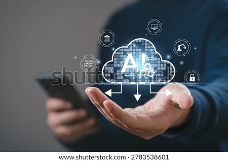 Artificial intelligence cloud computing concept with digital AI icon and data connection, man using smartphone, automation technology, big data processing, machine learning and smart network system.