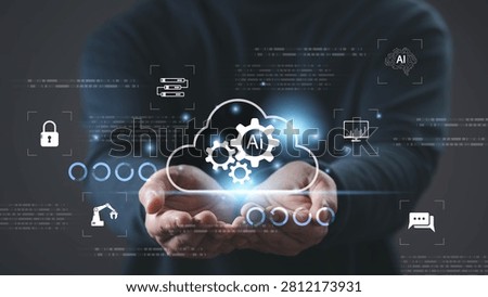Artificial intelligence cloud computing concept with digital automation, machine learning, data analytics, cybersecurity and smart business technology for future innovation and AI systems.