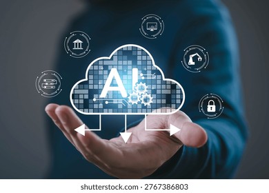 Artificial intelligence cloud computing with digital AI interface and technology icons including automation, data processing. Represents smart technology, machine learning, and digital transformation.