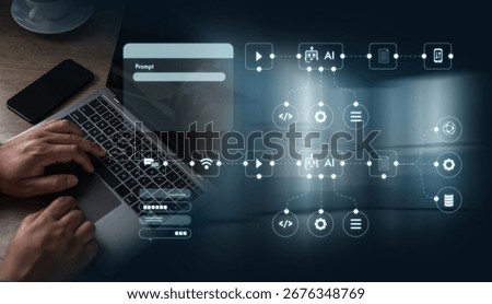 Artificial intelligence coding and automation concept with digital icons, workflow, and AI chatbot visualization, shown over hands typing on laptop for technology, data, and innovation.
