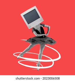 Artificial intelligence. Collage of modern art. BW image of female ballet dancer headed with old computer monitor over red background. Copyspace for ad, offer - Powered by Shutterstock