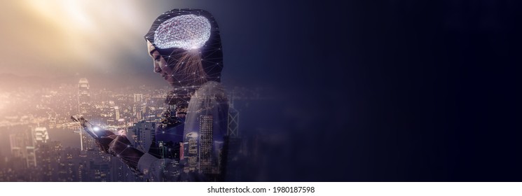 Artificial intelligence communication networking learning machine improving development future AI machine and technology, Asian Muslim woman digital human brain smart city sunset background concept.