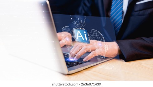 Artificial intelligence concept with AI agent. Businessman interacting with AI for data analysis. On laptop with futuristic interface for big data, machine learning, automation and innovation.