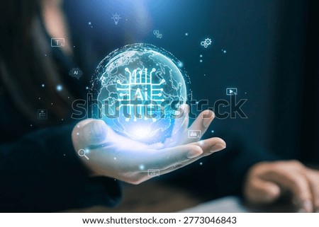 Artificial intelligence concept with AI chip and global network sphere, machine learning, data analytics, automation technology, and digital transformation in modern business.