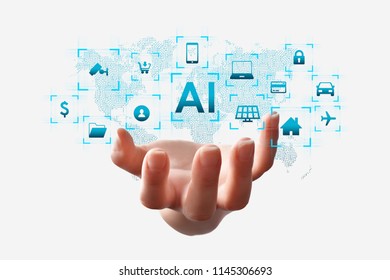 Artificial Intelligence Concept (AI), Hand Holding AI Text Logo, Surrounded With Conceptual Vector Icons On White Background