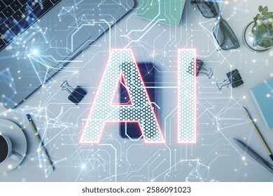 Artificial intelligence concept with AI text and neural network overlay on office desk background, symbolizing modern technology and machine learning