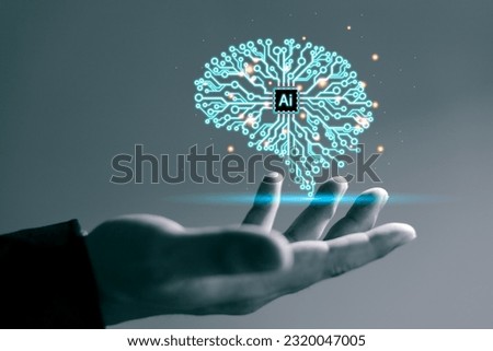 Artificial intelligence concept, brain, nervous system, business artificial intelligence, using AI in data management, businessman using artificial intelligence in hands on virtual screen