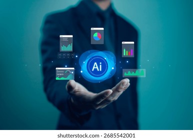 Artificial intelligence concept with business analytics, big data visualization, and futuristic technology innovation for digital transformation, finance, and corporate strategy.