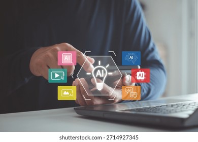 Artificial intelligence concept. Businessman using smartphone and laptop with AI application icons. Smart technology, digital automation, data processing and innovation for modern business solutions.