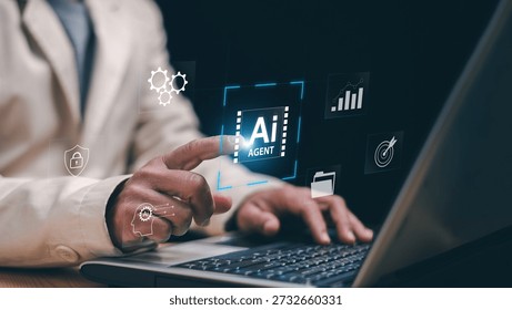 Artificial intelligence concept. Businessman using laptop and touching virtual AI agent. Automation, smart technology, digital assistant, data processing, business innovation and future workflow.