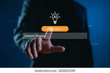 Artificial intelligence concept with command prompt and generate button interface. Futuristic UI design representing prompt-based AI tools, automation, and machine learning innovation.