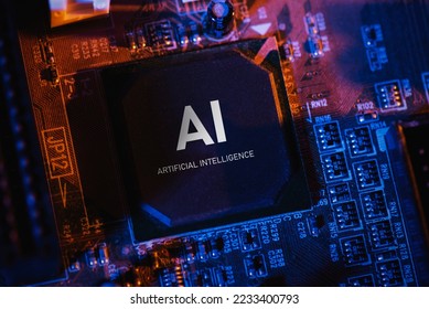 Artificial intelligence concept with computer chip. AI microprocessor closeup.