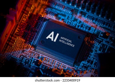 Artificial intelligence concept with computer chip. AI microprocessor closeup.