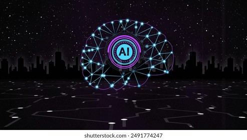 Artificial intelligence concept with digital brain and city skyline at night. Technology, innovation, futuristic, cityscape, urban