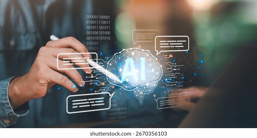 Artificial intelligence concept with digital brain, chatbot communication, futuristic data network, symbolizing AI innovation, automation, and smart technology for business and creative solutions