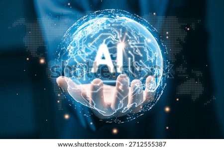 Artificial intelligence concept featuring a glowing digital globe floating above a user hands, symbolizing global innovation, machine learning, automation, and the impact of AI on modern technology.