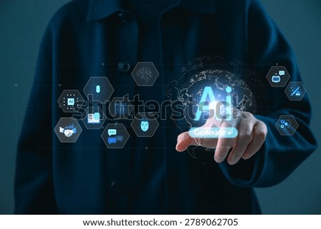 Artificial intelligence concept with hand interacting with AI interface and global network, representing machine learning, automation, data analysis, digital transformation, and smart technology innovation.