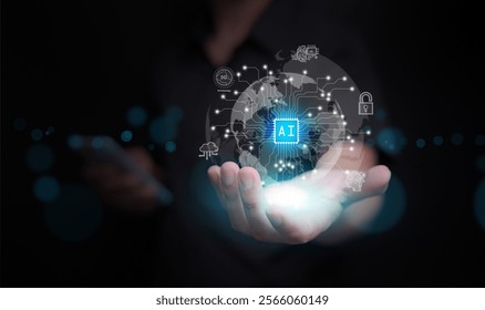 Artificial Intelligence concept. Hands of a man holds a virtual globe with AI text chip with circuit pattern and icons, glowing bright in the dark. Ai technology.