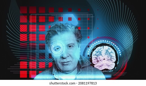Artificial intelligence concept . Head, face with cybernetic digital brain, neural network link to virtual interface. Futuristic cyberpunk mind. computer, Machine learning cyber system.
