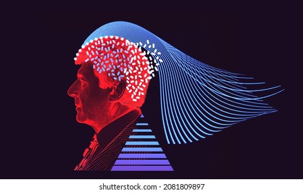 Artificial intelligence concept . Head, face with cybernetic digital brain, neural network link to virtual interface. Futuristic cyberpunk mind. computer, Machine learning cyber system.