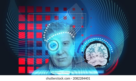 Artificial intelligence concept . Head, face with cybernetic digital brain, neural network link to virtual interface. Futuristic cyberpunk mind. computer, Machine learning cyber system.