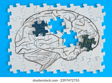 Artificial intelligence concept, human brain on puzzle pieces, AI programs and data processing supports human creativity and problem solving or the opposite