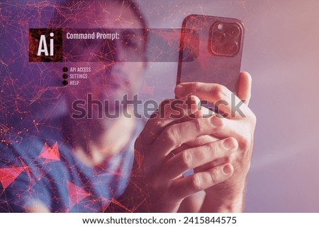 Artificial intelligence concept, man typing ai command prompt on smartphone app, selective focus